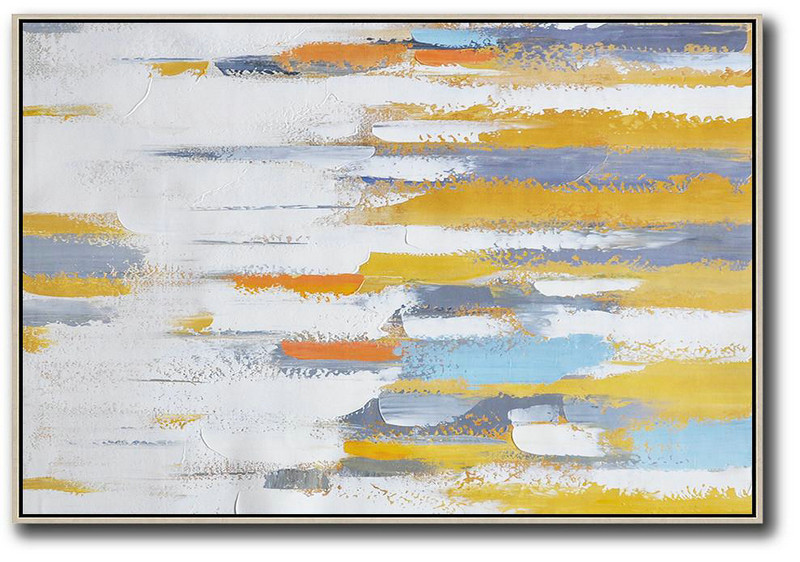 Abstract Painting On Canvas,Oversized Horizontal Contemporary Art,Custom Oil Painting White ,Grey,Yellow,Orange